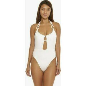 Trina Turk White Halter One-Piece Swimsuit Ring Cutout Size 8 $162